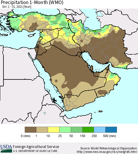 Middle East and Turkey Precipitation 1-Month (WMO) Thematic Map For 10/1/2021 - 10/31/2021