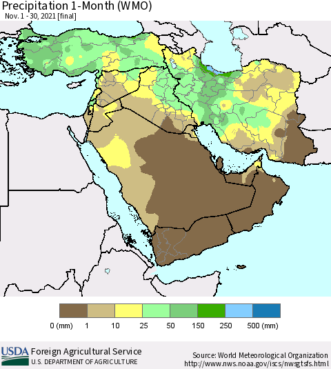 Middle East and Turkey Precipitation 1-Month (WMO) Thematic Map For 11/1/2021 - 11/30/2021