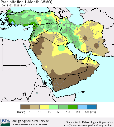 Middle East and Turkey Precipitation 1-Month (WMO) Thematic Map For 12/1/2021 - 12/31/2021