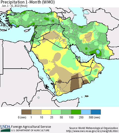 Middle East and Turkey Precipitation 1-Month (WMO) Thematic Map For 1/1/2022 - 1/31/2022