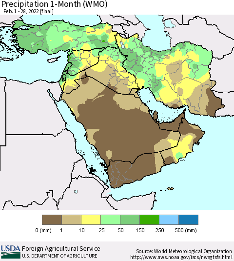Middle East and Turkey Precipitation 1-Month (WMO) Thematic Map For 2/1/2022 - 2/28/2022