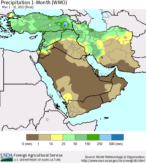 Middle East and Turkey Precipitation 1-Month (WMO) Thematic Map For 3/1/2022 - 3/31/2022