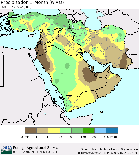 Middle East and Turkey Precipitation 1-Month (WMO) Thematic Map For 4/1/2022 - 4/30/2022
