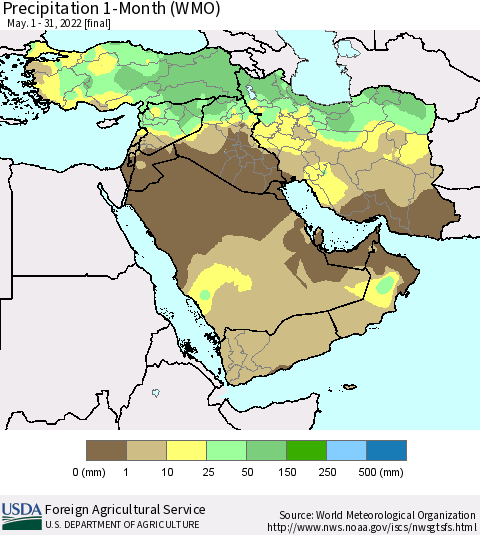 Middle East and Turkey Precipitation 1-Month (WMO) Thematic Map For 5/1/2022 - 5/31/2022