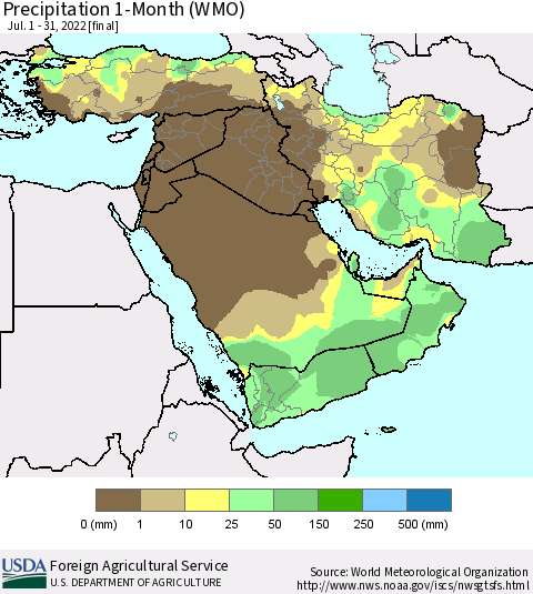 Middle East and Turkey Precipitation 1-Month (WMO) Thematic Map For 7/1/2022 - 7/31/2022