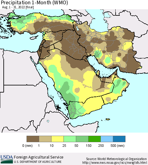 Middle East and Turkey Precipitation 1-Month (WMO) Thematic Map For 8/1/2022 - 8/31/2022