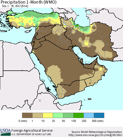 Middle East and Turkey Precipitation 1-Month (WMO) Thematic Map For 9/1/2022 - 9/30/2022