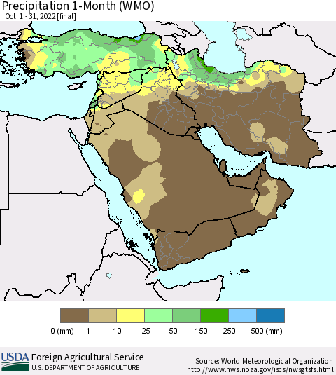 Middle East and Turkey Precipitation 1-Month (WMO) Thematic Map For 10/1/2022 - 10/31/2022