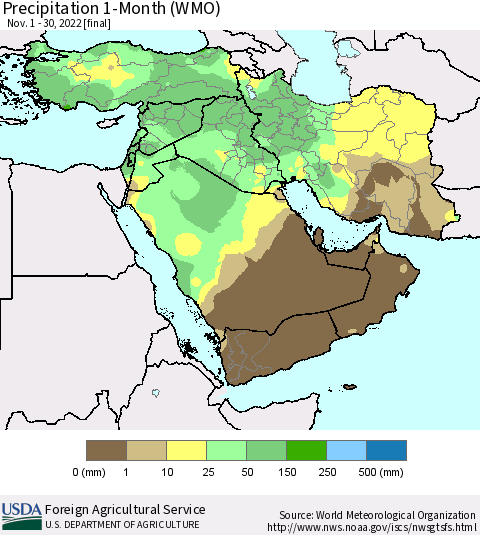 Middle East and Turkey Precipitation 1-Month (WMO) Thematic Map For 11/1/2022 - 11/30/2022