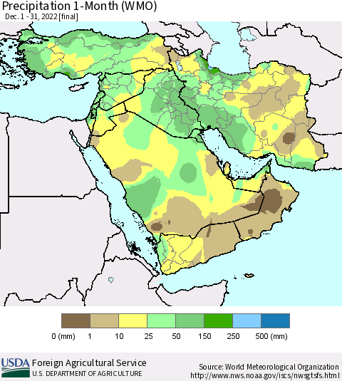 Middle East and Turkey Precipitation 1-Month (WMO) Thematic Map For 12/1/2022 - 12/31/2022