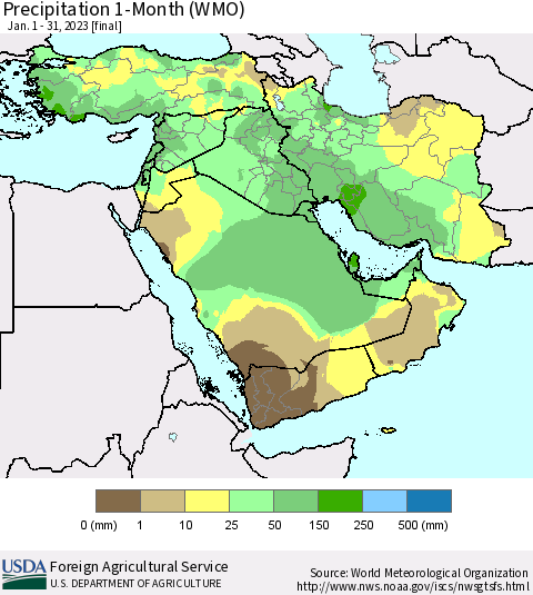 Middle East and Turkey Precipitation 1-Month (WMO) Thematic Map For 1/1/2023 - 1/31/2023