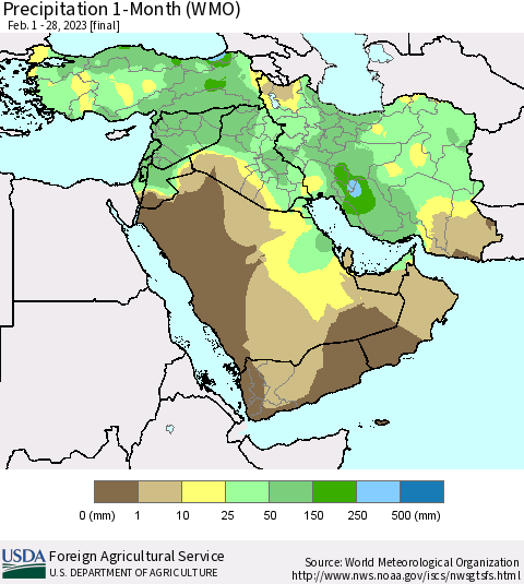 Middle East and Turkey Precipitation 1-Month (WMO) Thematic Map For 2/1/2023 - 2/28/2023