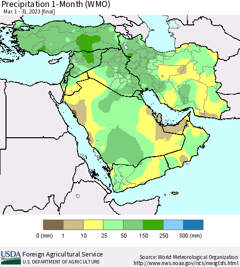Middle East and Turkey Precipitation 1-Month (WMO) Thematic Map For 3/1/2023 - 3/31/2023