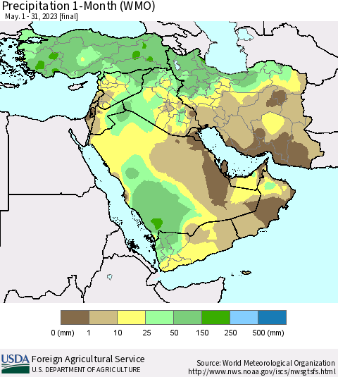 Middle East and Turkey Precipitation 1-Month (WMO) Thematic Map For 5/1/2023 - 5/31/2023