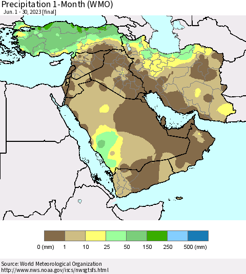 Middle East and Turkey Precipitation 1-Month (WMO) Thematic Map For 6/1/2023 - 6/30/2023