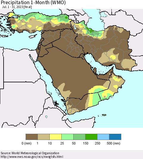 Middle East and Turkey Precipitation 1-Month (WMO) Thematic Map For 7/1/2023 - 7/31/2023