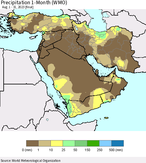 Middle East and Turkey Precipitation 1-Month (WMO) Thematic Map For 8/1/2023 - 8/31/2023