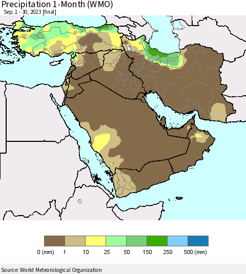 Middle East and Turkey Precipitation 1-Month (WMO) Thematic Map For 9/1/2023 - 9/30/2023