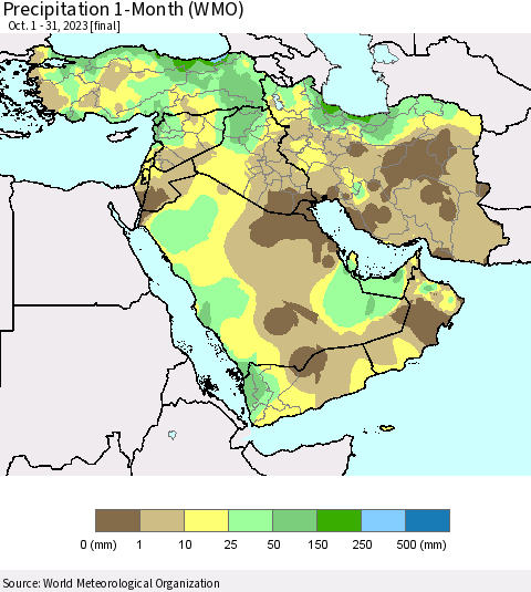 Middle East and Turkey Precipitation 1-Month (WMO) Thematic Map For 10/1/2023 - 10/31/2023