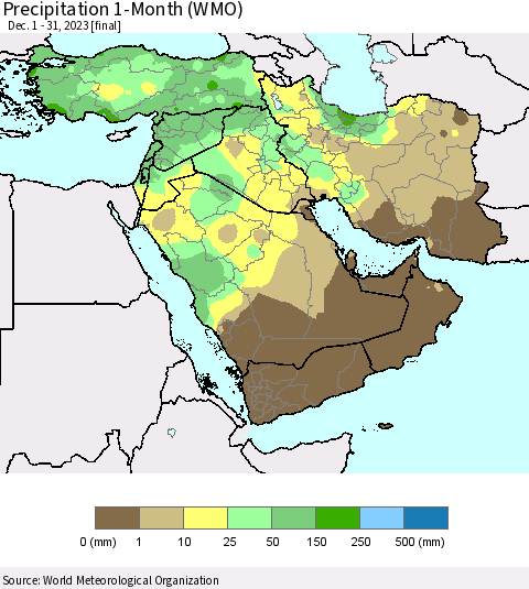 Middle East and Turkey Precipitation 1-Month (WMO) Thematic Map For 12/1/2023 - 12/31/2023
