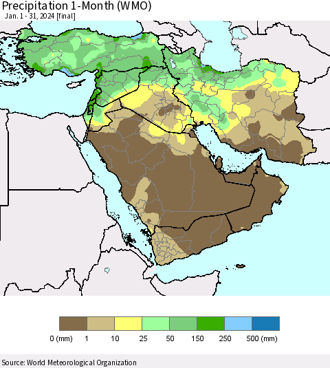 Middle East and Turkey Precipitation 1-Month (WMO) Thematic Map For 1/1/2024 - 1/31/2024