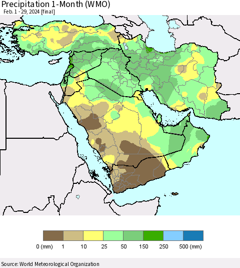 Middle East and Turkey Precipitation 1-Month (WMO) Thematic Map For 2/1/2024 - 2/29/2024