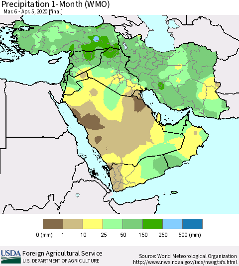 Middle East and Turkey Precipitation 1-Month (WMO) Thematic Map For 3/6/2020 - 4/5/2020