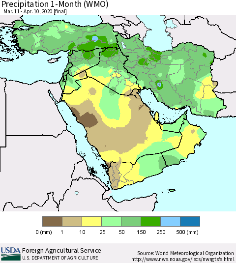 Middle East and Turkey Precipitation 1-Month (WMO) Thematic Map For 3/11/2020 - 4/10/2020