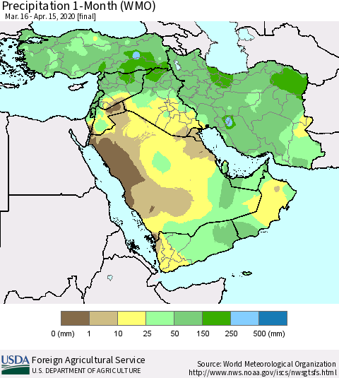 Middle East and Turkey Precipitation 1-Month (WMO) Thematic Map For 3/16/2020 - 4/15/2020