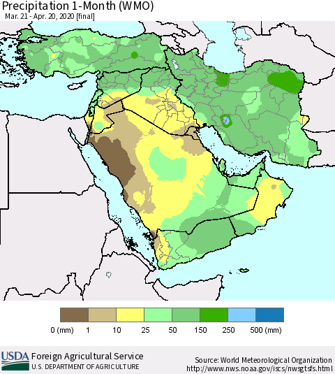 Middle East and Turkey Precipitation 1-Month (WMO) Thematic Map For 3/21/2020 - 4/20/2020