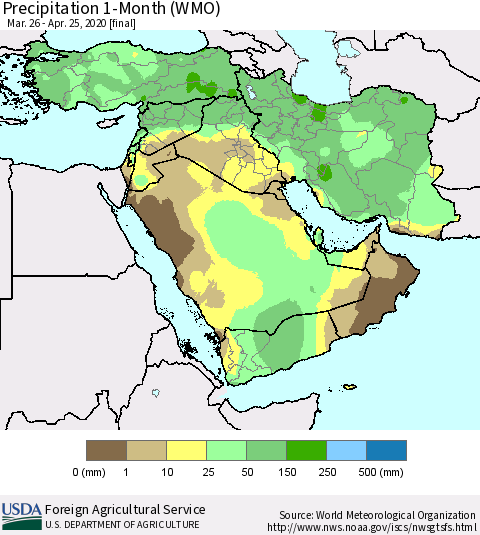 Middle East and Turkey Precipitation 1-Month (WMO) Thematic Map For 3/26/2020 - 4/25/2020