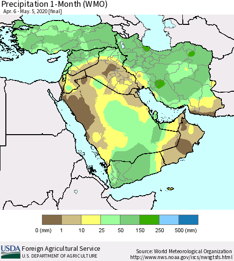 Middle East and Turkey Precipitation 1-Month (WMO) Thematic Map For 4/6/2020 - 5/5/2020