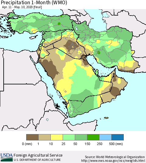 Middle East and Turkey Precipitation 1-Month (WMO) Thematic Map For 4/11/2020 - 5/10/2020