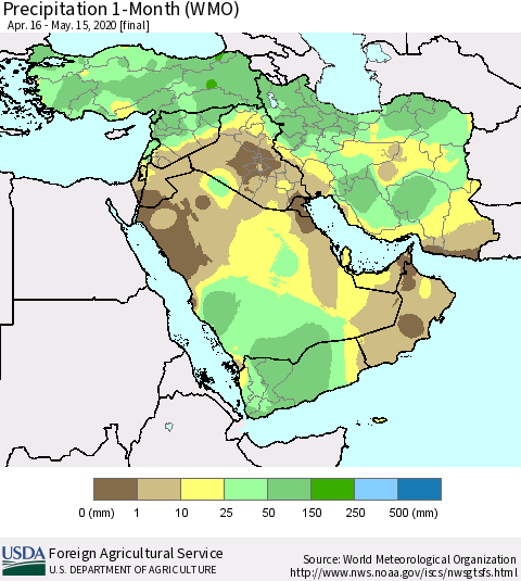 Middle East and Turkey Precipitation 1-Month (WMO) Thematic Map For 4/16/2020 - 5/15/2020