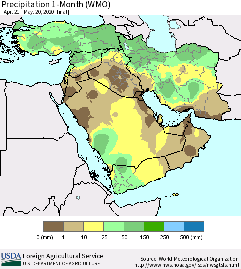 Middle East and Turkey Precipitation 1-Month (WMO) Thematic Map For 4/21/2020 - 5/20/2020