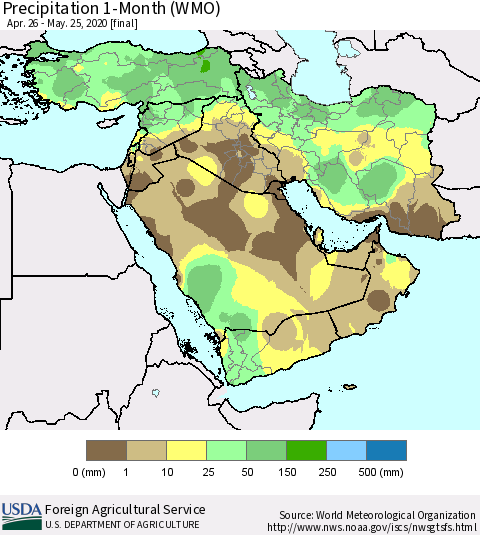 Middle East and Turkey Precipitation 1-Month (WMO) Thematic Map For 4/26/2020 - 5/25/2020
