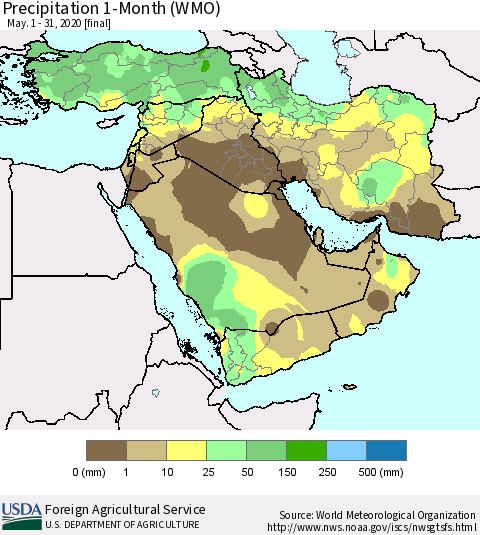 Middle East and Turkey Precipitation 1-Month (WMO) Thematic Map For 5/1/2020 - 5/31/2020
