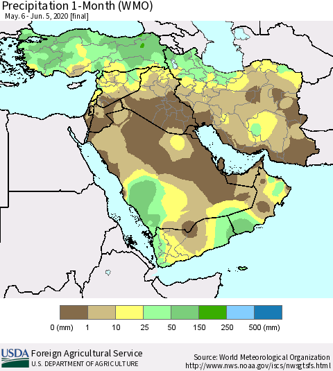 Middle East and Turkey Precipitation 1-Month (WMO) Thematic Map For 5/6/2020 - 6/5/2020