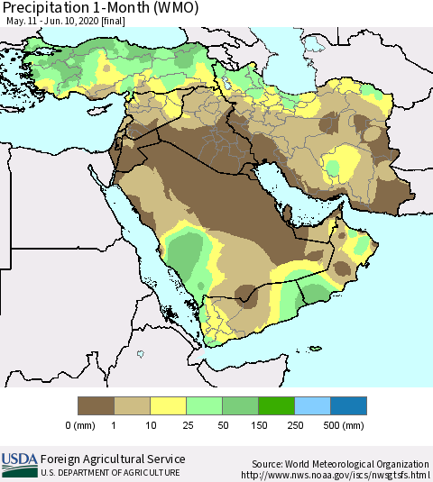 Middle East and Turkey Precipitation 1-Month (WMO) Thematic Map For 5/11/2020 - 6/10/2020