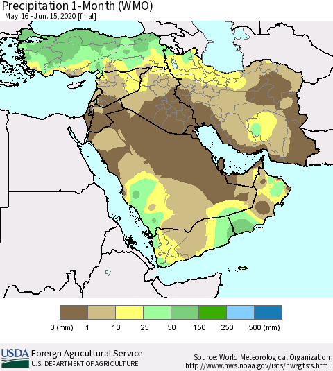 Middle East and Turkey Precipitation 1-Month (WMO) Thematic Map For 5/16/2020 - 6/15/2020