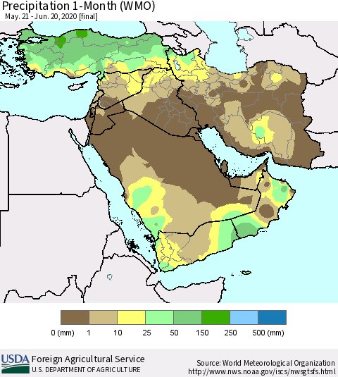 Middle East and Turkey Precipitation 1-Month (WMO) Thematic Map For 5/21/2020 - 6/20/2020