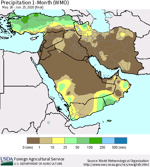 Middle East and Turkey Precipitation 1-Month (WMO) Thematic Map For 5/26/2020 - 6/25/2020