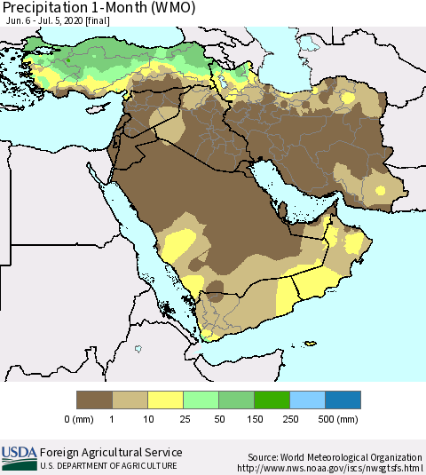 Middle East and Turkey Precipitation 1-Month (WMO) Thematic Map For 6/6/2020 - 7/5/2020