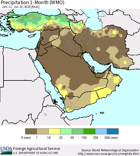 Middle East and Turkey Precipitation 1-Month (WMO) Thematic Map For 6/11/2020 - 7/10/2020