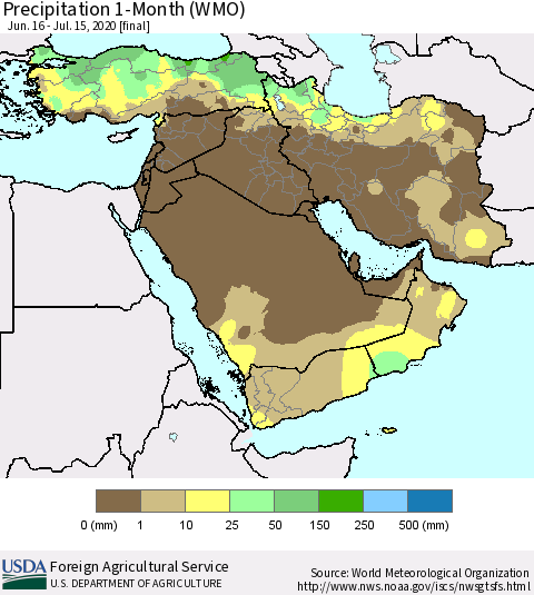Middle East and Turkey Precipitation 1-Month (WMO) Thematic Map For 6/16/2020 - 7/15/2020