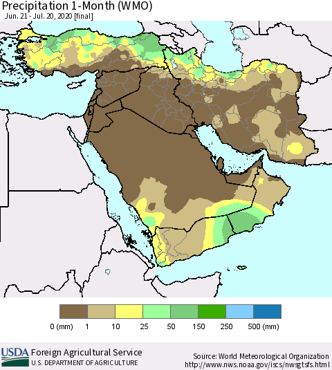 Middle East and Turkey Precipitation 1-Month (WMO) Thematic Map For 6/21/2020 - 7/20/2020