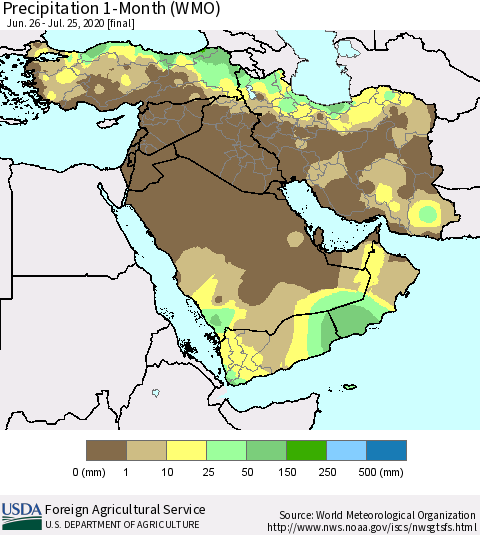 Middle East and Turkey Precipitation 1-Month (WMO) Thematic Map For 6/26/2020 - 7/25/2020