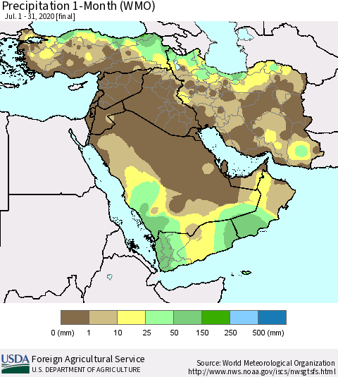 Middle East and Turkey Precipitation 1-Month (WMO) Thematic Map For 7/1/2020 - 7/31/2020