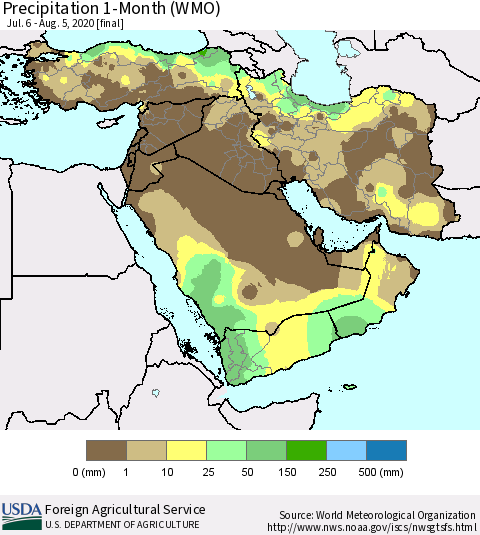 Middle East and Turkey Precipitation 1-Month (WMO) Thematic Map For 7/6/2020 - 8/5/2020