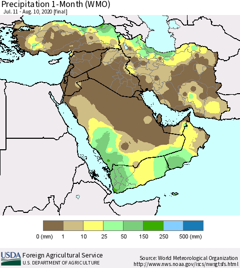 Middle East and Turkey Precipitation 1-Month (WMO) Thematic Map For 7/11/2020 - 8/10/2020